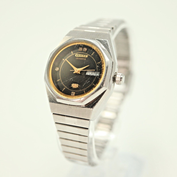 Vintage Citizen Quartz Watch Women Black Dial Day Date Silver Tone w New Battery - Picture 1 of 14
